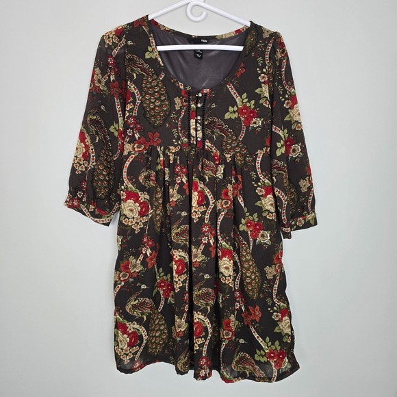 H&M Womens Babydoll Tunic Dress SIZE 4 Boho Peacock Bird Floral Lined 3/4 Sleeve - Picture 2 of 13